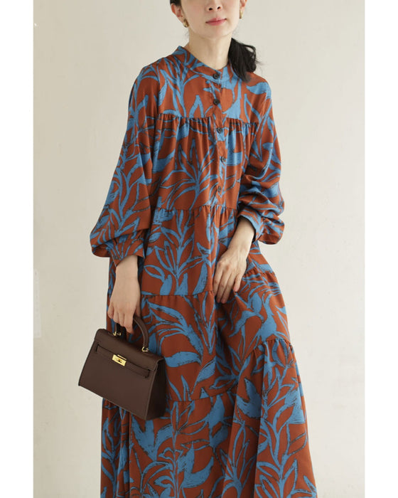 アーティスティックな植物柄ティアードミディアムワンピース(紐ベルト付き)