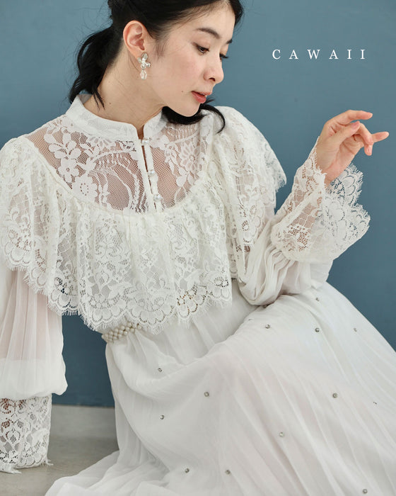 ぐるり囲むレースのビジュープリーツロングワンピース(パールベルト付き)