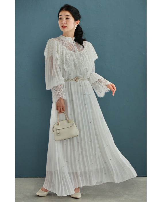 ぐるり囲むレースのビジュープリーツロングワンピース(パールベルト付き)
