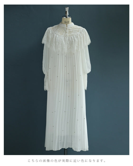 ぐるり囲むレースのビジュープリーツロングワンピース(パールベルト付き)