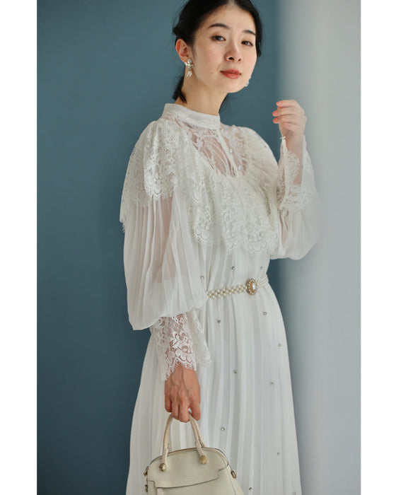 ぐるり囲むレースのビジュープリーツロングワンピース(パールベルト付き)
