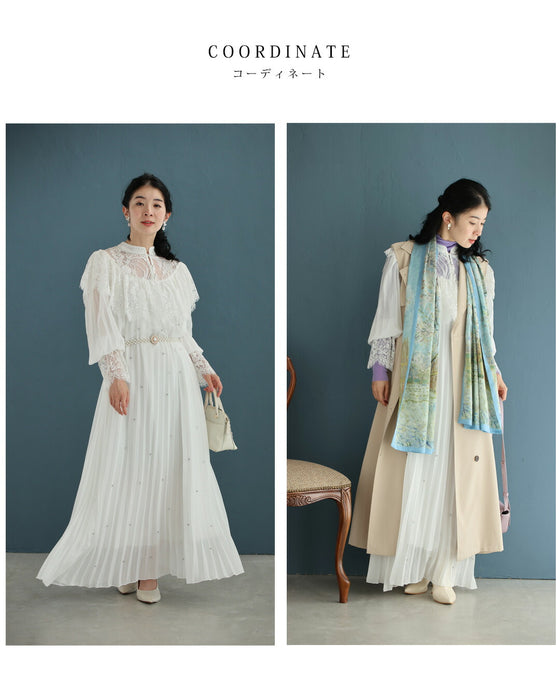 ぐるり囲むレースのビジュープリーツロングワンピース(パールベルト付き)