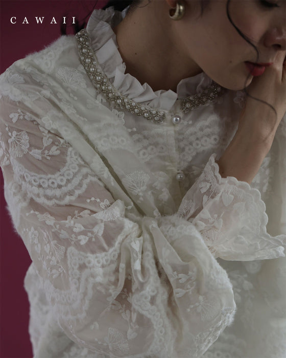 煌めくビジューネックの刺繍シアーブラウストップス