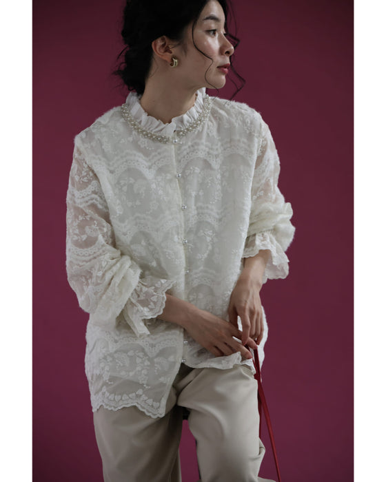 煌めくビジューネックの刺繍シアーブラウストップス