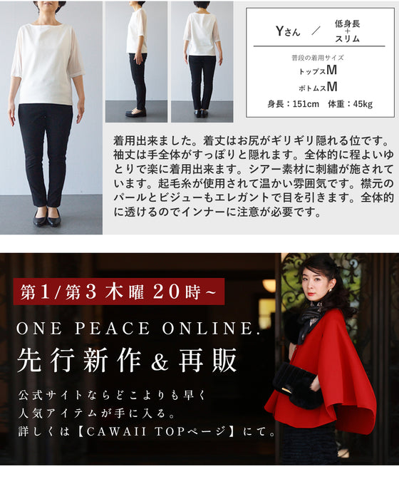 煌めくビジューネックの刺繍シアーブラウストップス