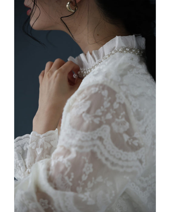 煌めくビジューネックの刺繍シアーブラウストップス