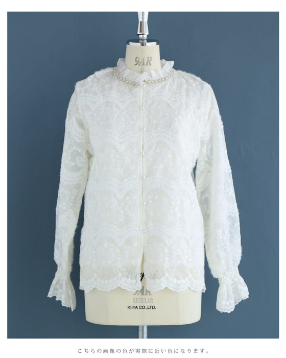 煌めくビジューネックの刺繍シアーブラウストップス