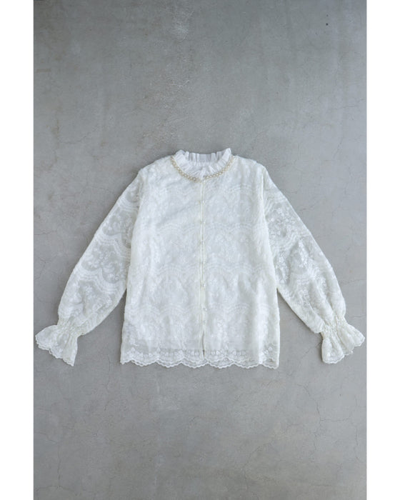 煌めくビジューネックの刺繍シアーブラウストップス