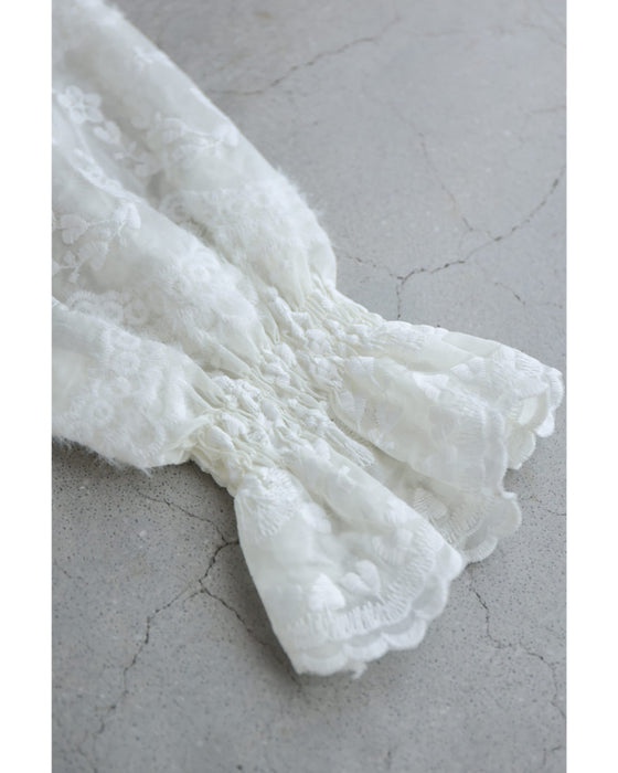 煌めくビジューネックの刺繍シアーブラウストップス