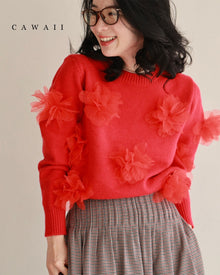  私に花が咲く。赤い立体フラワーニットプルオーバートップス