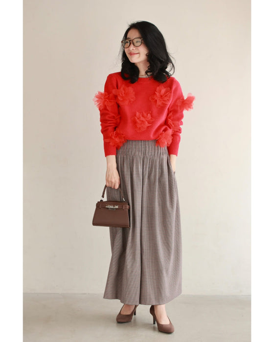 私に花が咲く。赤い立体フラワーニットプルオーバートップス