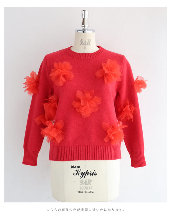 私に花が咲く。赤い立体フラワーニットプルオーバートップス