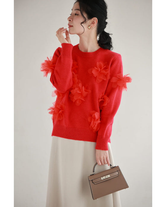 私に花が咲く。赤い立体フラワーニットプルオーバートップス