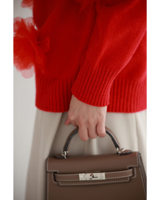 私に花が咲く。赤い立体フラワーニットプルオーバートップス