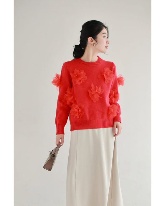 私に花が咲く。赤い立体フラワーニットプルオーバートップス