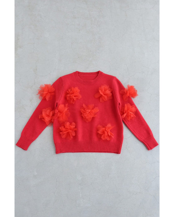 私に花が咲く。赤い立体フラワーニットプルオーバートップス