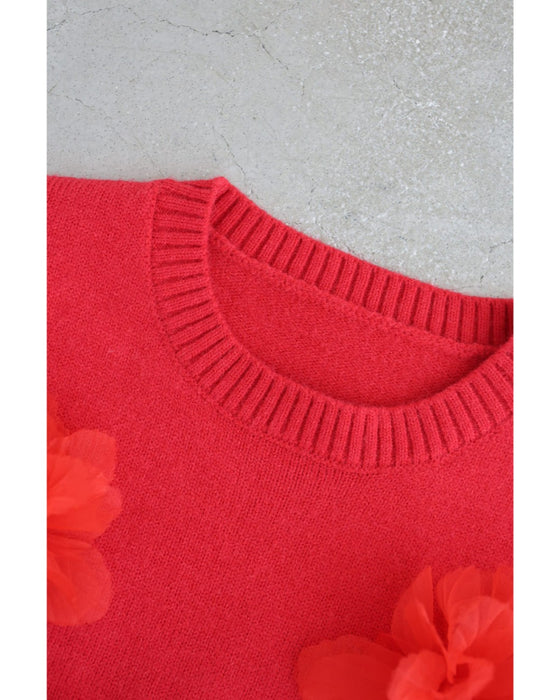 私に花が咲く。赤い立体フラワーニットプルオーバートップス