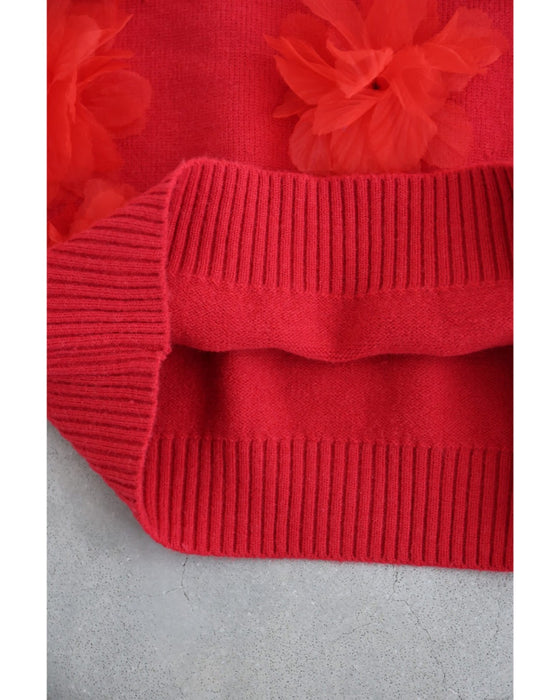 私に花が咲く。赤い立体フラワーニットプルオーバートップス