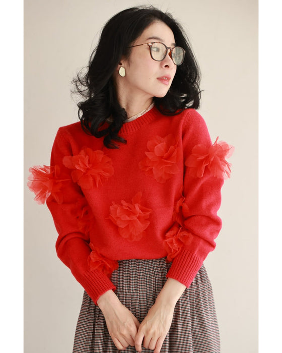 私に花が咲く。赤い立体フラワーニットプルオーバートップス