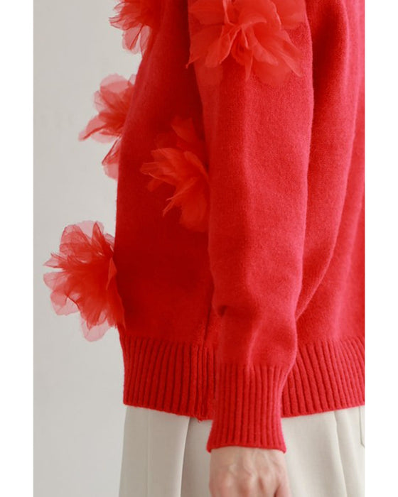私に花が咲く。赤い立体フラワーニットプルオーバートップス