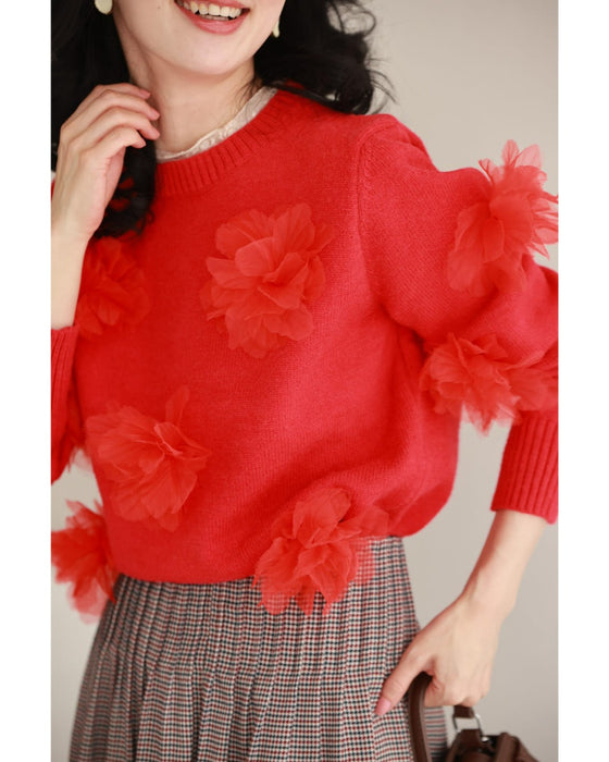 私に花が咲く。赤い立体フラワーニットプルオーバートップス