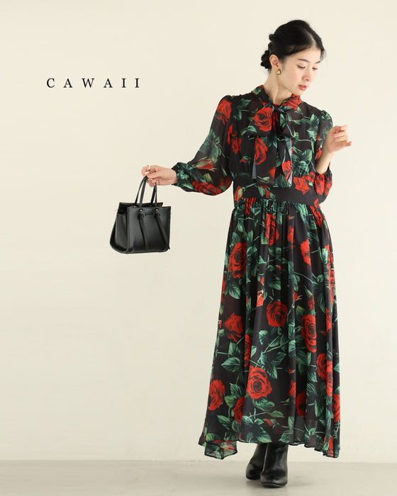 (黒)バラが舞うロイヤルなボウタイロングワンピース