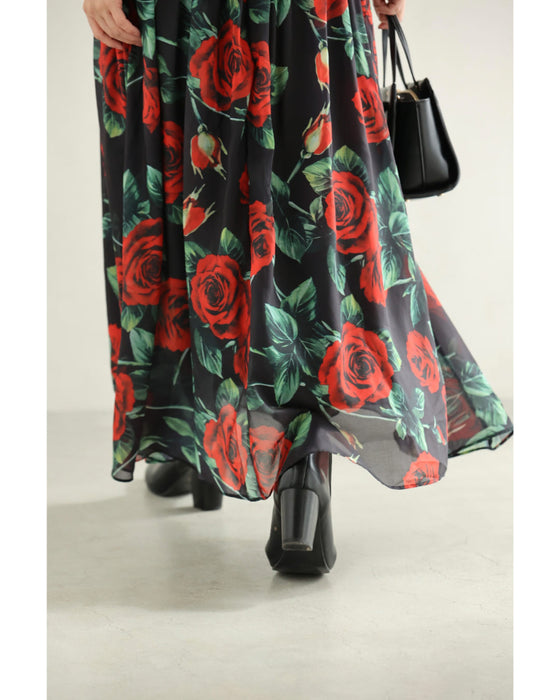 (黒)バラが舞うロイヤルなボウタイロングワンピース