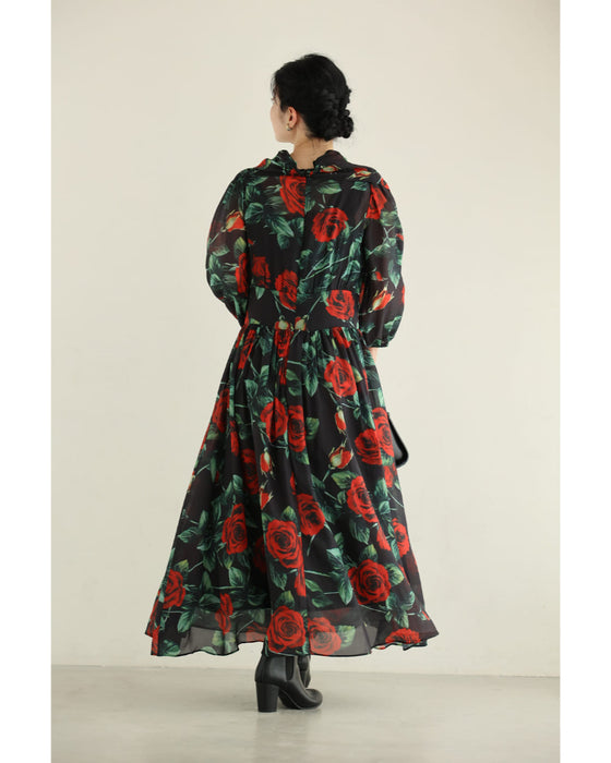 (黒)バラが舞うロイヤルなボウタイロングワンピース