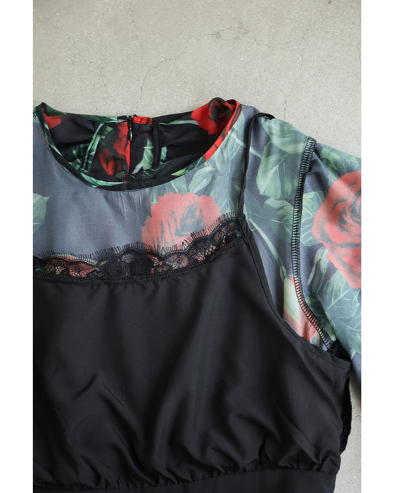 (黒)バラが舞うロイヤルなボウタイロングワンピース