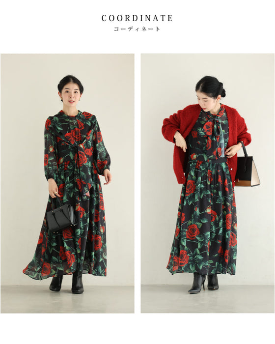 (黒)バラが舞うロイヤルなボウタイロングワンピース