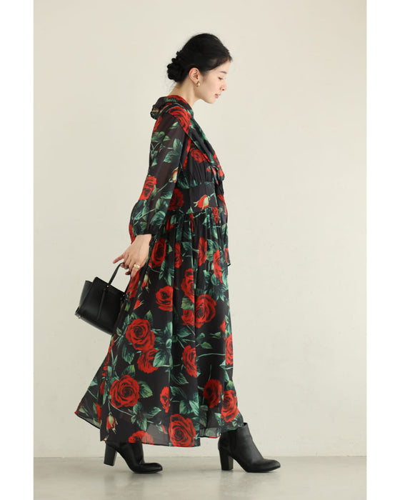 (黒)バラが舞うロイヤルなボウタイロングワンピース