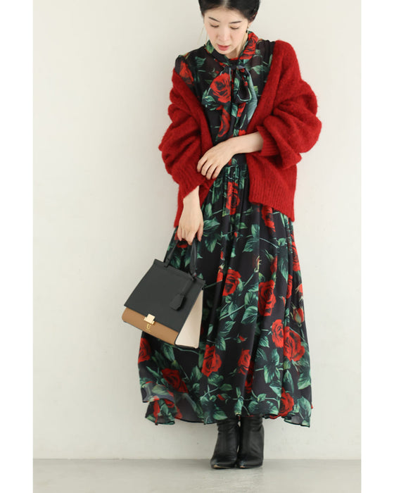 (黒)バラが舞うロイヤルなボウタイロングワンピース