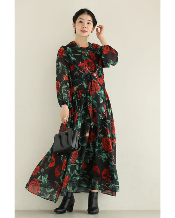 (黒)バラが舞うロイヤルなボウタイロングワンピース