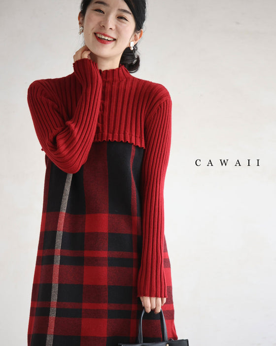 (ML/2L3L対応)(レッド×ブラック)切り替えチェックのリブニットチュニックトップス