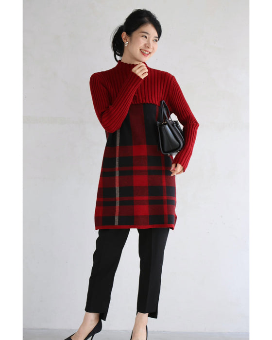 (ML/2L3L対応)(レッド×ブラック)切り替えチェックのリブニットチュニックトップス