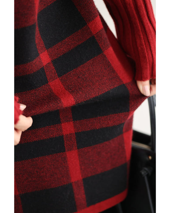(ML/2L3L対応)(レッド×ブラック)切り替えチェックのリブニットチュニックトップス