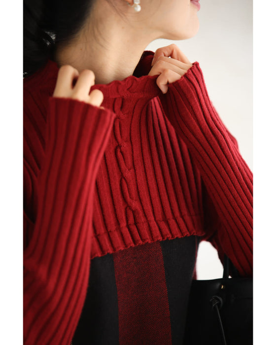 (ML/2L3L対応)(レッド×ブラック)切り替えチェックのリブニットチュニックトップス