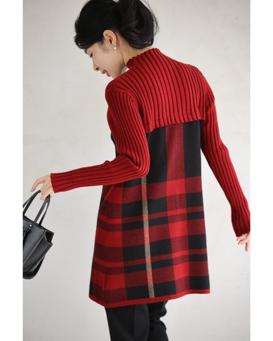 (ML/2L3L対応)(レッド×ブラック)切り替えチェックのリブニットチュニックトップス