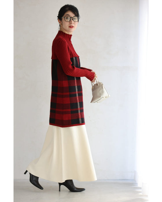 (ML/2L3L対応)(レッド×ブラック)切り替えチェックのリブニットチュニックトップス