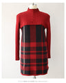 (ML/2L3L対応)(レッド×ブラック)切り替えチェックのリブニットチュニックトップス