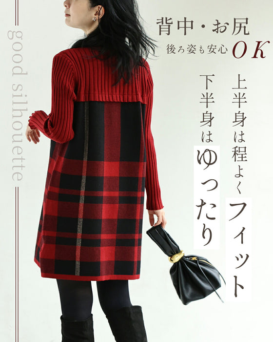 (M-L/2L/3L) (Red x Black) Checkered ribbed knit tunic top