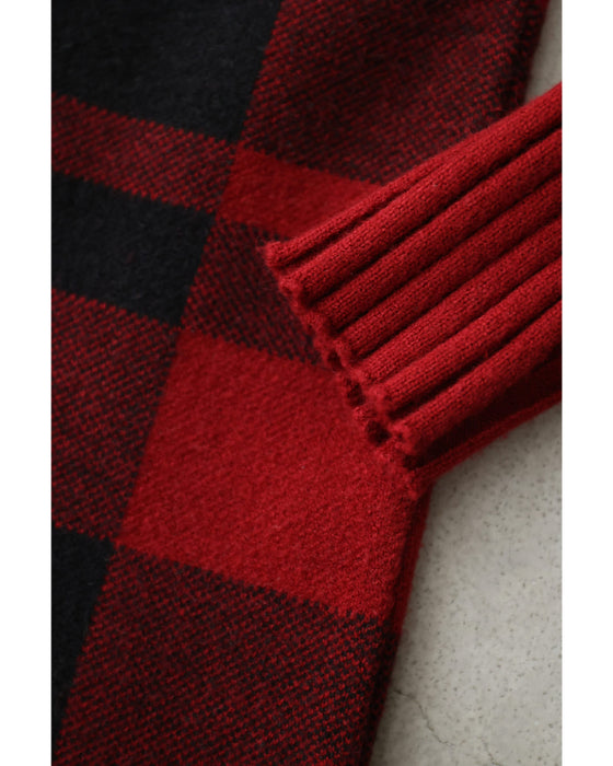 (ML/2L3L対応)(レッド×ブラック)切り替えチェックのリブニットチュニックトップス