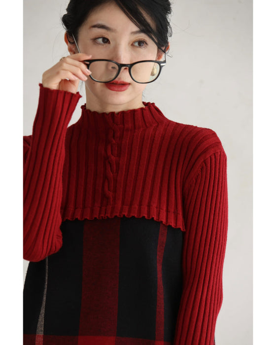 (ML/2L3L対応)(レッド×ブラック)切り替えチェックのリブニットチュニックトップス
