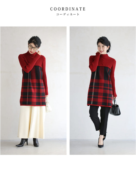 (ML/2L3L対応)(レッド×ブラック)切り替えチェックのリブニットチュニックトップス