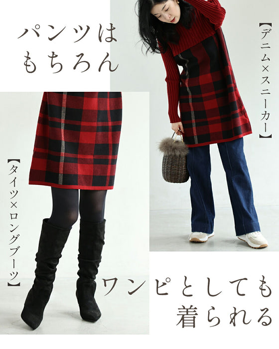 (M-L/2L/3L) (Red x Black) Checkered ribbed knit tunic top