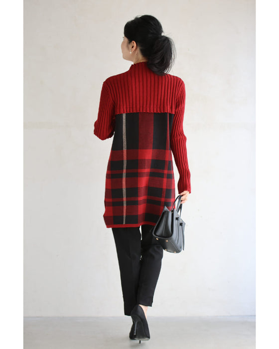 (ML/2L3L対応)(レッド×ブラック)切り替えチェックのリブニットチュニックトップス