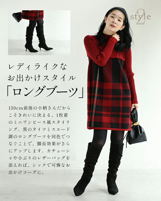 (M-L/2L/3L) (Red x Black) Checkered ribbed knit tunic top
