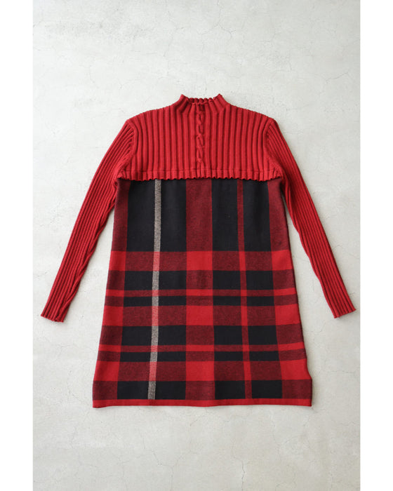 (ML/2L3L対応)(レッド×ブラック)切り替えチェックのリブニットチュニックトップス