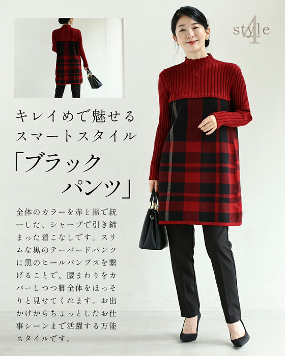(M-L/2L/3L) (Red x Black) Checkered ribbed knit tunic top