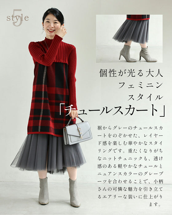 (M-L/2L/3L) (Red x Black) Checkered ribbed knit tunic top